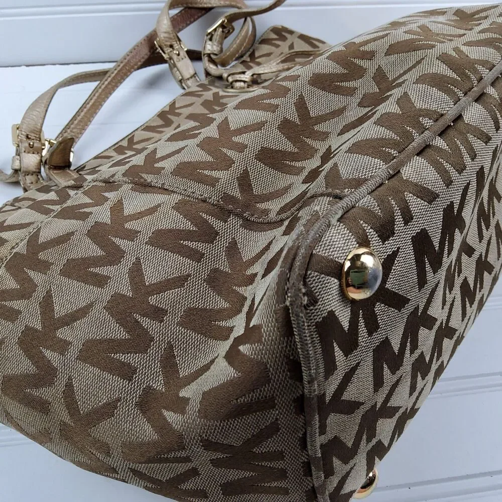 Michael Kors MK Signature Tote Shoulder Handbag Purse Brown